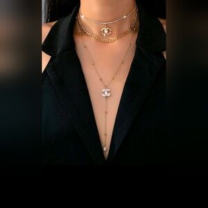 3pcs/Set Layered Necklace Set, Includes CC Pendant, Sparkling Rhinestone